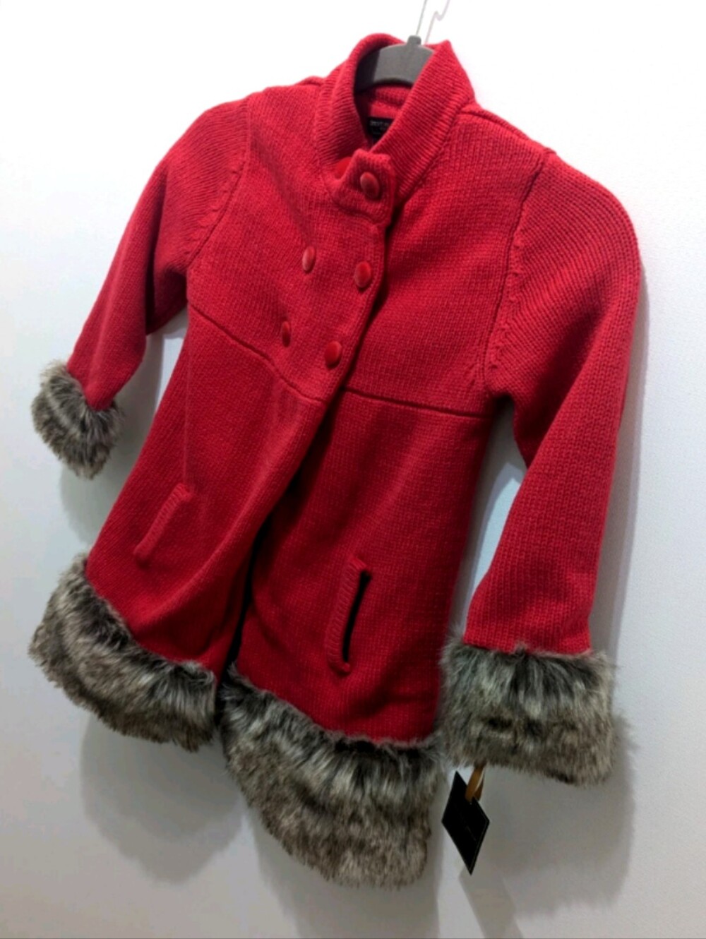 Christian Siriano New York Girls Red Knit Faux Fur Coat Sweater Jacket Size 5-6